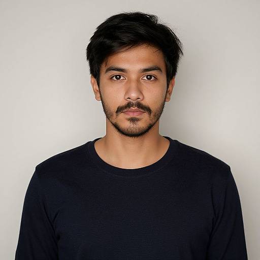 Photograph of a young South Asian man with medium brown skin, short black hair, mustache, and beard, wearing a black shirt, against a