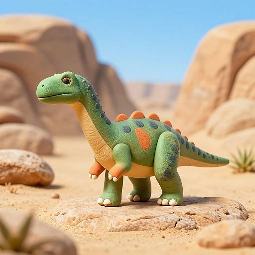 CGI cartoon-style green dinosaur with orange spots and orange spines standing in a sunny, rocky desert landscape. Bright blue sky in background.