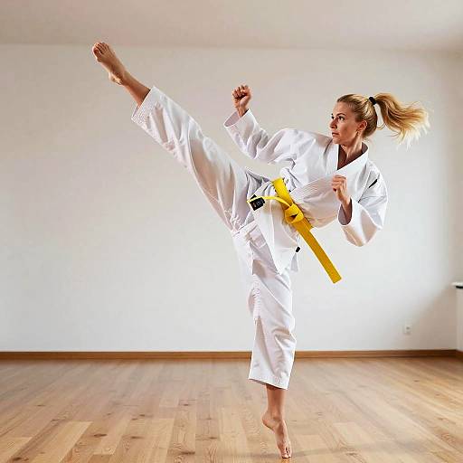 Woman Performing Karate Kick in White Gi