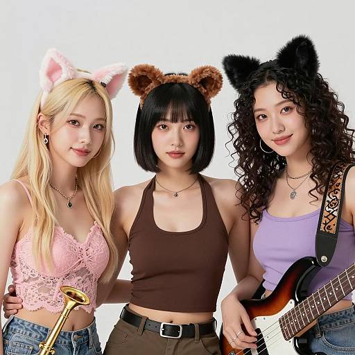 Three Women with Animal Ear Headbands and Musical Instruments