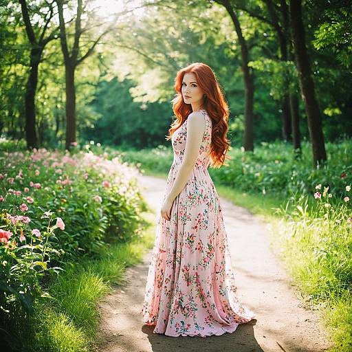 Young Woman in Floral Dress in Summer Park
