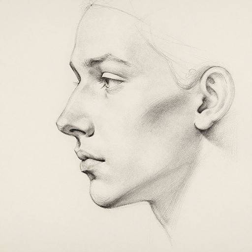 Black and white pencil sketch of a bald, side-profile woman's face, showing delicate features, soft shading, and a contemplative expression.