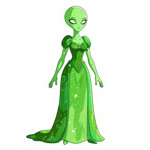 Digital illustration of a green-skinned alien woman with large, white eyes, wearing a sparkling, green, strapless gown with puffed sleeves, standing