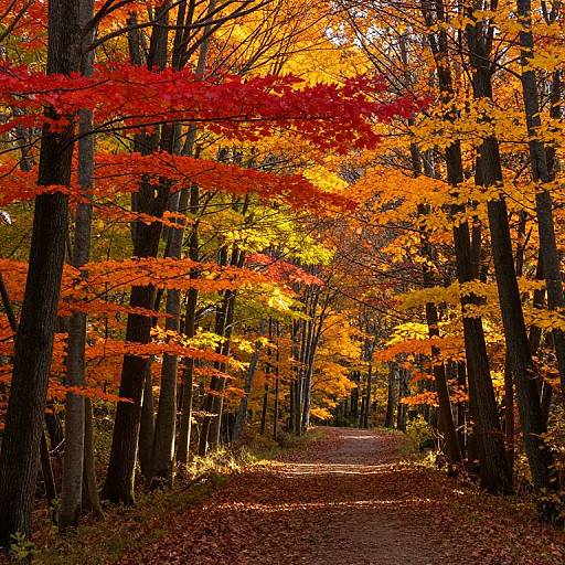 Photograph of a forest path lined with tall trees showcasing vibrant autumn leaves in red, orange, and yellow, casting warm light.
