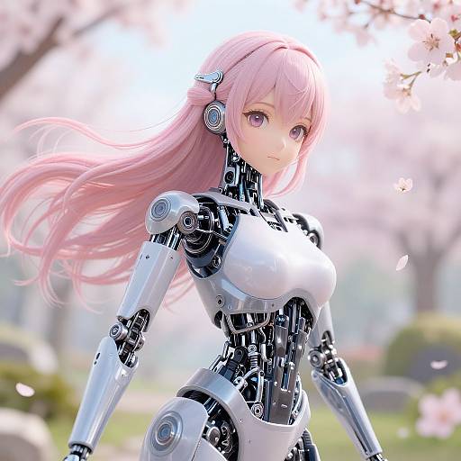 Digital anime-style drawing of a pink-haired, silver and black robotic woman with large eyes, standing in a blurred cherry blossom garden.