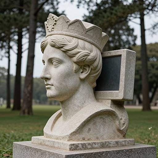 Photograph of a white marble bust of a woman with a crown, featuring detailed hair and a rectangular plaque attached, set in a park with tall trees