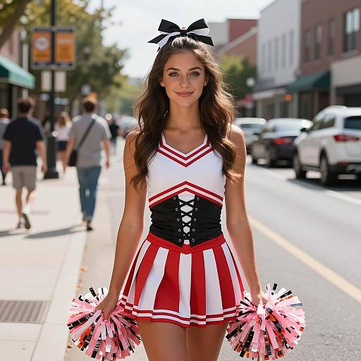 Cheerleader in Red and White Uniform on Urban Street