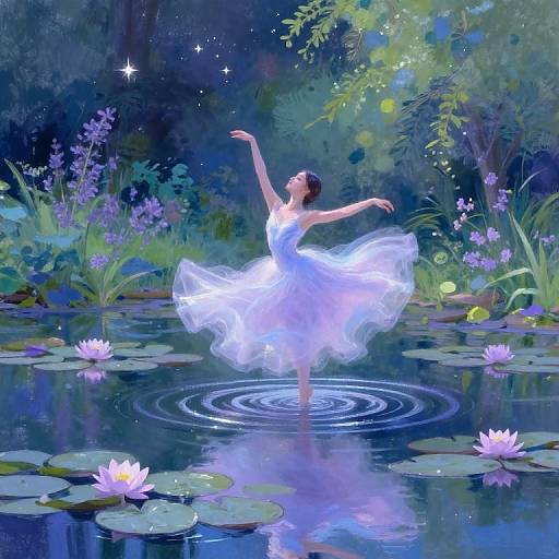 Digital painting of a ballet dancer in a glowing white tutu, gracefully dancing in a moonlit, starry pond with lilies and reflections.