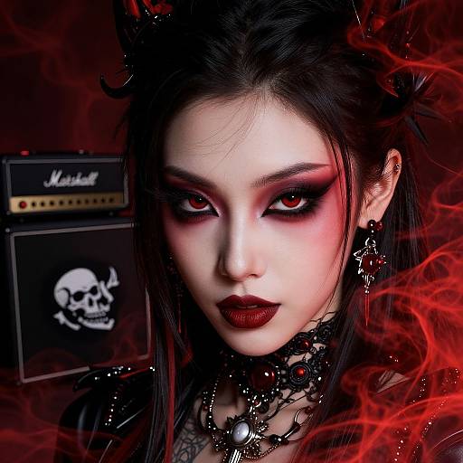 Digital portrait of a pale-skinned woman with dark makeup, red eyes, dark lipstick, black hair, gothic jewelry, and red smoke, behind