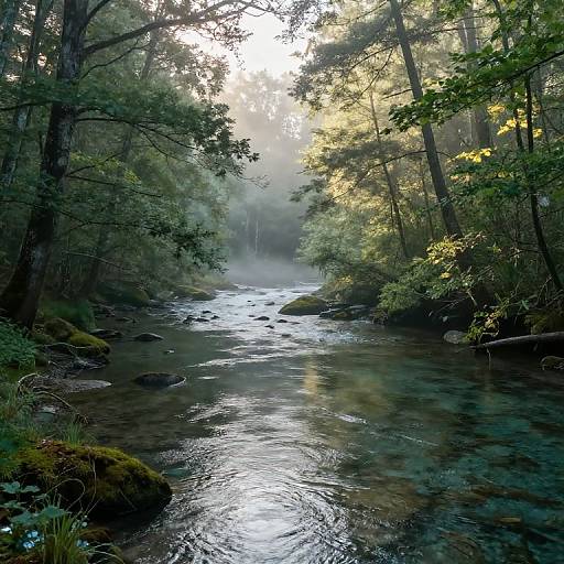 Photograph of a serene forest stream with clear, flowing water, surrounded by tall trees and dense green foliage, bathed in soft morning light filtering through
