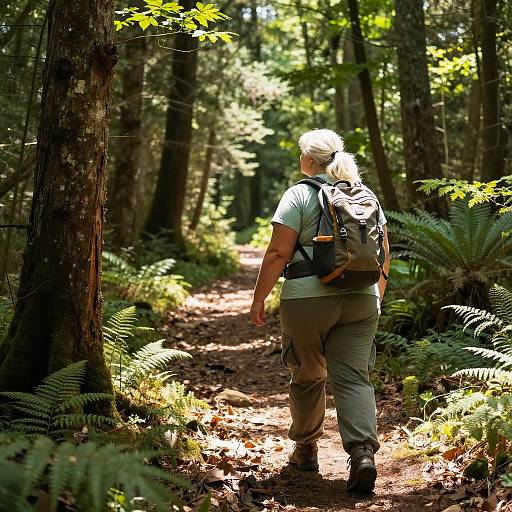 Adventurous Woman Hiking Lush Forest