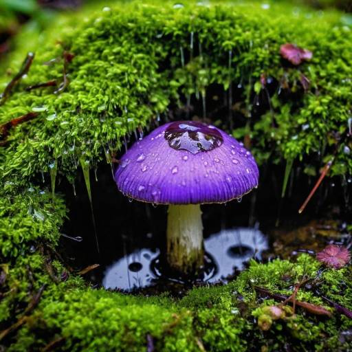 Magical Mushroom with Purple Eyes in Rain