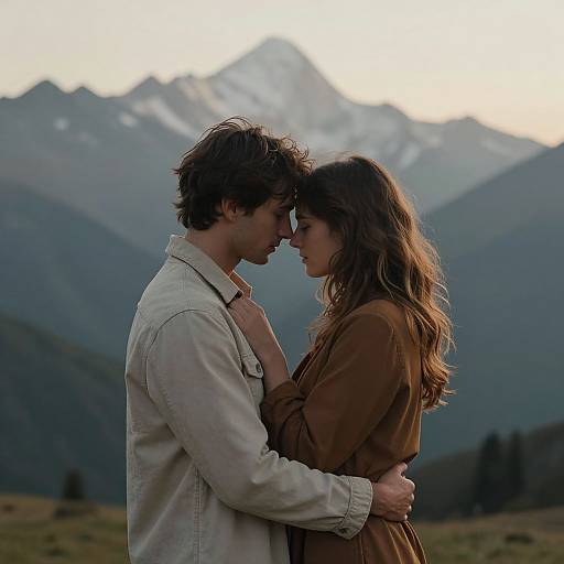 Photograph of a couple gazing into each other's eyes, standing in a mountainous landscape with snow-capped peaks in the background. The man