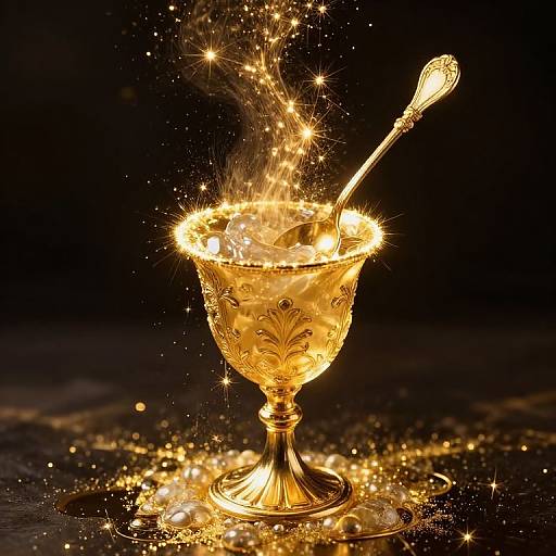 Golden ornate goblet with intricate patterns, splashing liquid, illuminated by sparkling lights, against a dark background. Elegant, ornate spoon inside.