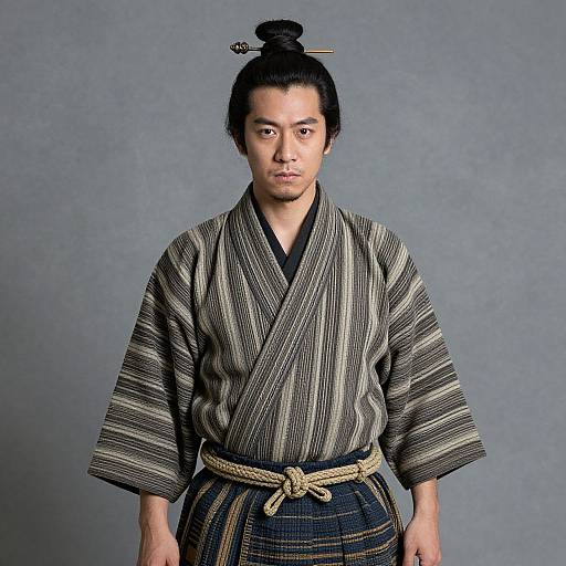 Photograph of a serious East Asian man with black hair in a topknot, wearing a striped kimono and rope belt, standing against a gray