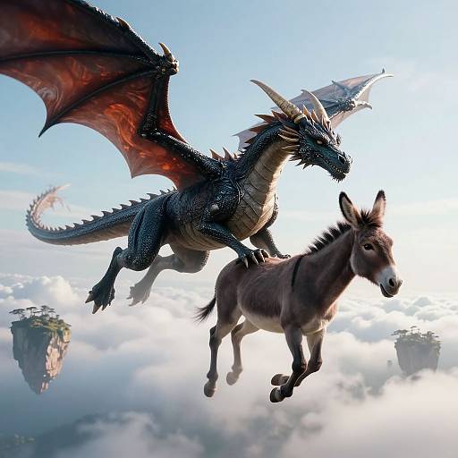 Photorealistic CGI: A black dragon with red wings and silver horns flies above a brown donkey, both soaring through a cloudy sky with floating islands
