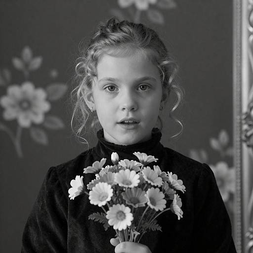 Black-and-White Portrait of Girl with Flowers