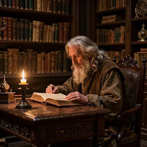 Photograph of an elderly, white-bearded man with long gray hair, wearing a brown robe, reading by candlelight in a dimly lit,