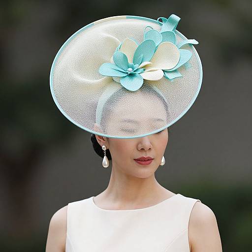 Photograph of an Asian woman with fair skin, wearing a white dress and a large, translucent, teal flower-adorned fascinator, against a