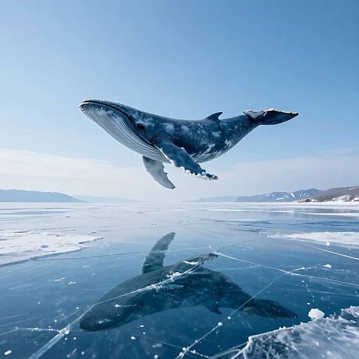 Photograph of a massive humpback whale leaping out of icy, reflective ocean water under a bright, clear blue sky.