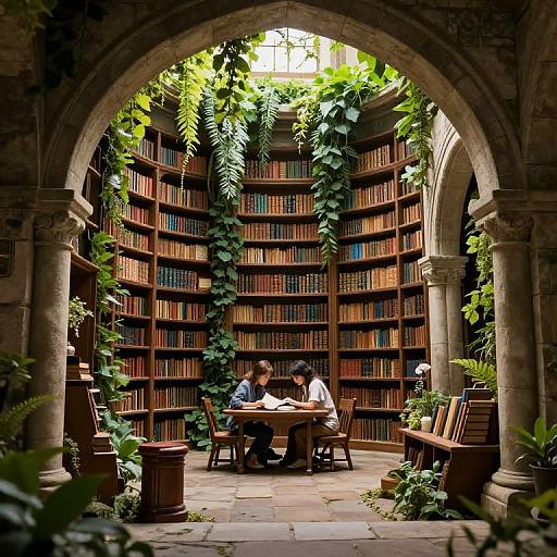 Photograph of two people studying in a lush, ivy-covered, arched library with wooden bookshelves, soft sunlight, and greenery.
