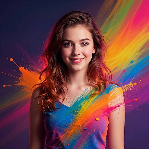 Photograph of a smiling young woman with wavy brown hair, wearing a colorful paint-splattered blue top, against a vibrant rainbow splash background.