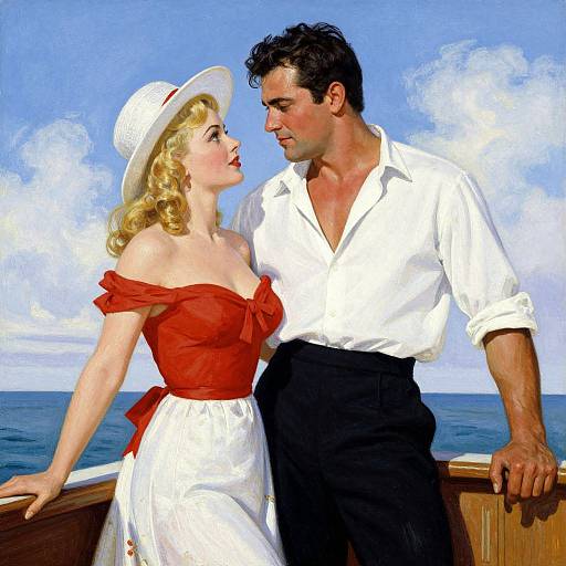 Vintage-style digital painting of a smiling couple on a boat deck, with a blonde woman in a red off-shoulder dress and white hat, and