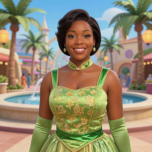 Digital CGI image of a smiling Black woman in a green, ornate, sleeveless dress with gold embroidery, standing in a vibrant, palm-tree-lined