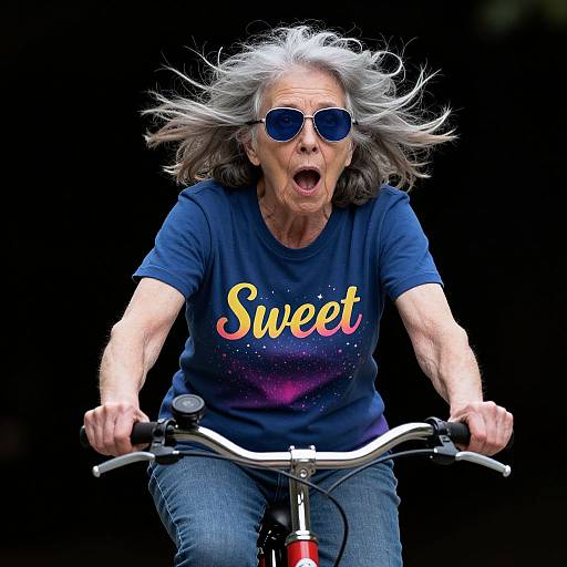 Photograph of an elderly woman with silver hair, blue aviator sunglasses, and a 