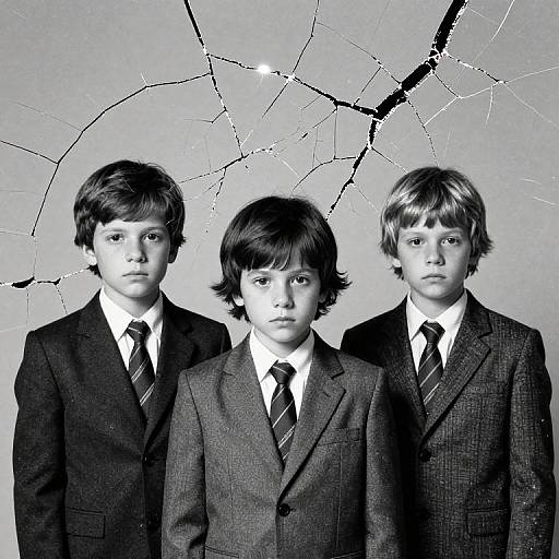 Black-and-white photograph of three young boys in dark suits with striped ties, standing against a cracked, textured background.