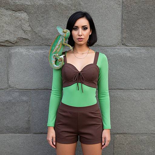 Photograph of a woman with black bob haircut, green long-sleeve top, brown shorts, and a chameleon on her shoulder, standing against