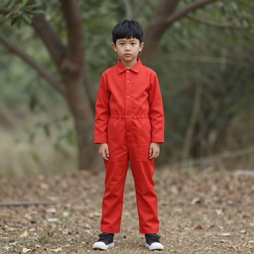 Photograph of a young Asian boy with black hair, wearing a bright red long-sleeve jumpsuit and black-and-white shoes, standing in a
