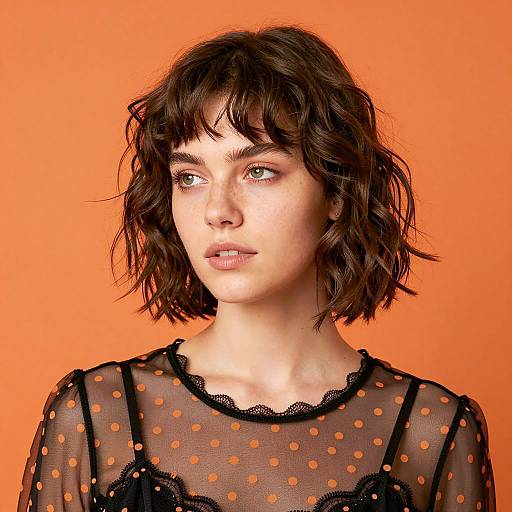 Young Woman with Wavy Hair in Sheer Polka Dot Top
