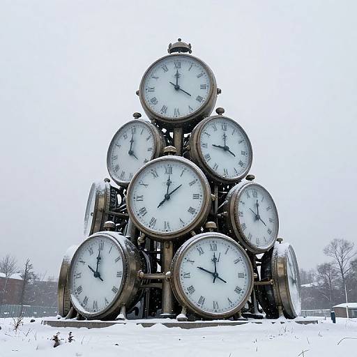 Photograph of a stacked, outdoor, metallic clock sculpture with twelve round clocks displaying different times, set on a snowy field.