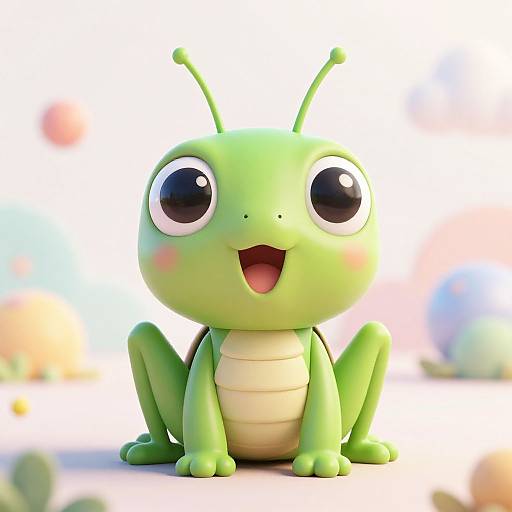 Cute CGI green cartoon insect with large eyes, open mouth, and antennae, sitting with legs spread, against a soft, colorful background.