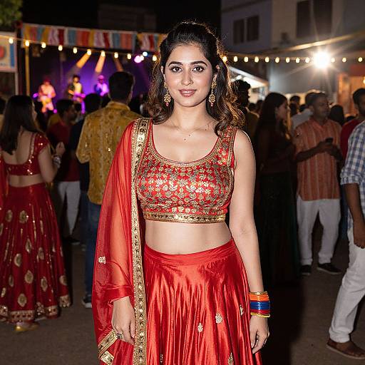 Photograph of a young Indian woman in a red traditional outfit with gold embroidery, standing at a nighttime festival with string lights and people in the background.