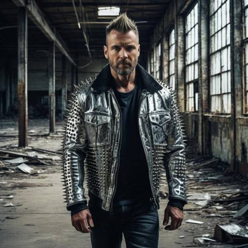 Man Wearing Spiked Leather Jacket in Abandoned Warehouse