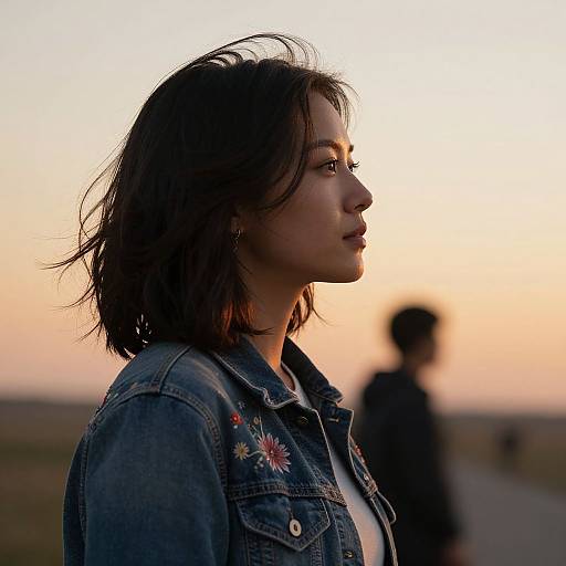 Photograph of a young woman in profile at sunset, wearing a denim jacket with floral embroidery, silhouette of blurred person in background.