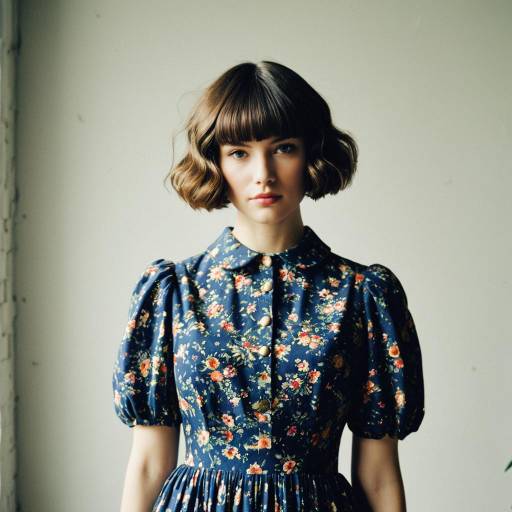 Wavy Bowl Cut Hairstyle and Vintage Floral Dress