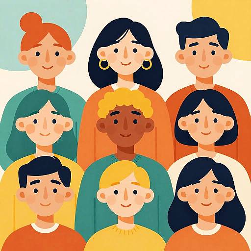 Digital illustration of a diverse group of 8 smiling people with various skin tones, hair colors, and outfits, standing in two rows.
