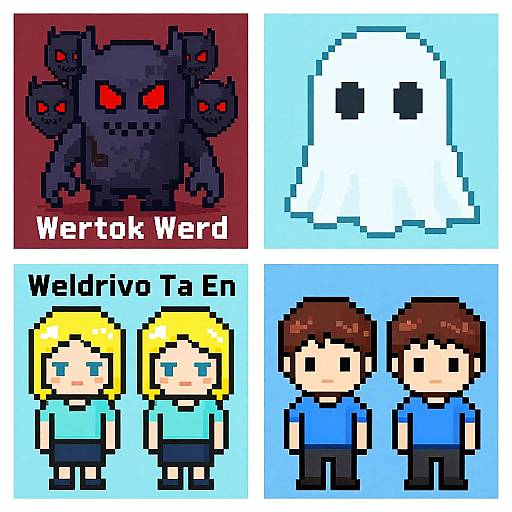 Pixel art collage: top-left black Gengar with red eyes labeled 