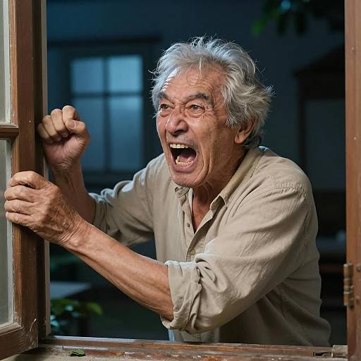 Elderly Man Yelling at Window at Night