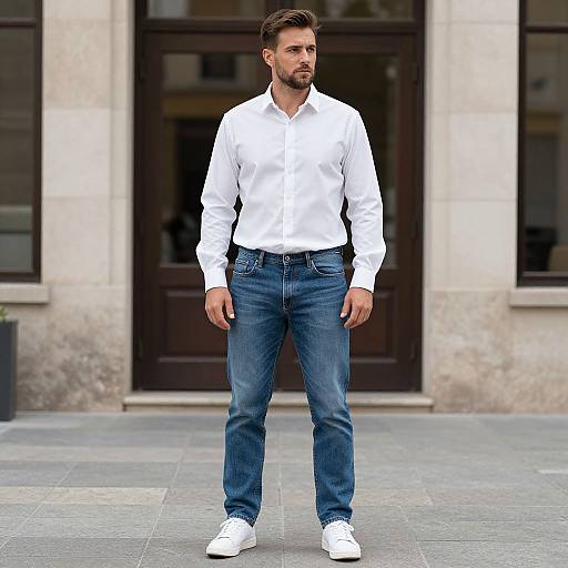 Photograph of a handsome, bearded man with short brown hair, wearing a white button-up shirt, blue jeans, and white sneakers, standing in