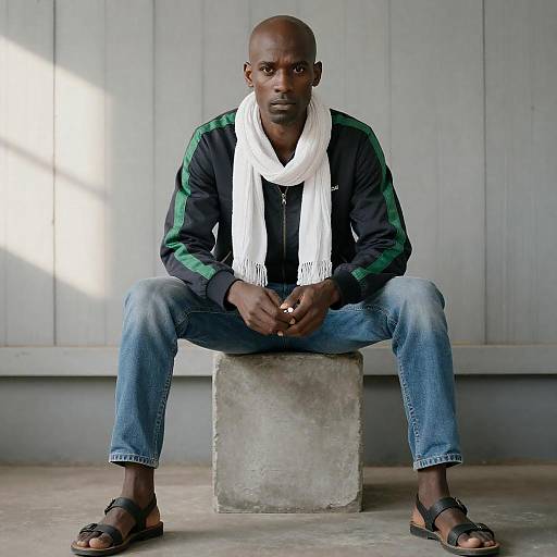 Serious Man Sitting on Concrete Block