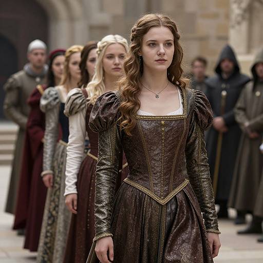 Photograph of a young woman with long brown hair in a medieval brown dress, standing in front of a group of women and men in similar attire,