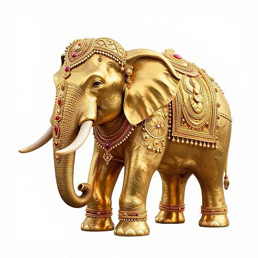 Golden elephant statue adorned with intricate red and gold jewelry, featuring detailed headpiece, armlets, and anklets, set against a white background.