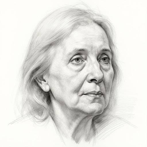 Monochrome pencil sketch of an elderly woman with wavy hair, slight smile, and thoughtful expression, white background. Realistic and detailed.