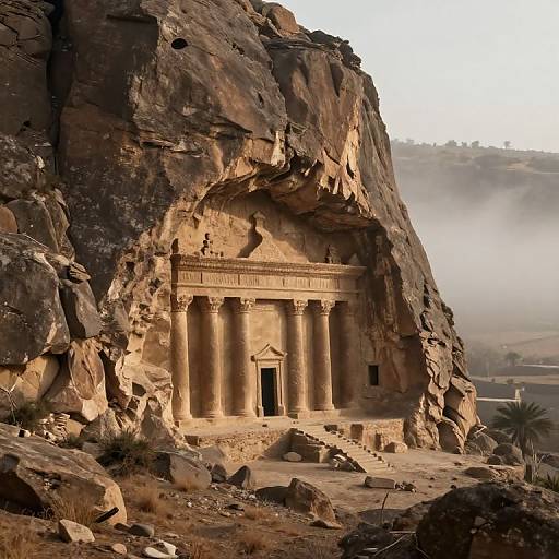 Photograph of a ancient, sunlit rock-cut temple with tall columns, nestled in a rugged desert landscape with mist in the background.