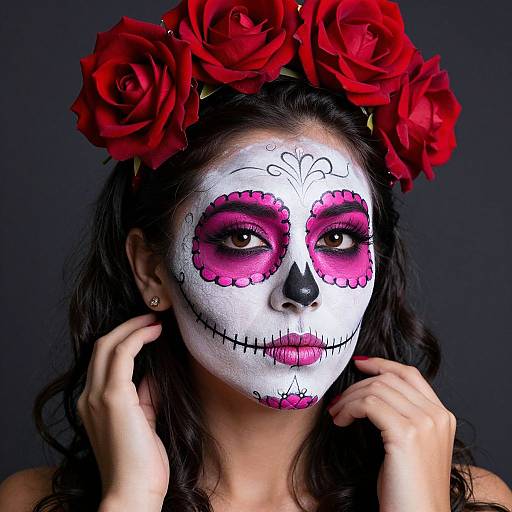 Photograph of a woman with white face paint, pink and black sugar skull makeup, red flower crown, and dark curly hair.