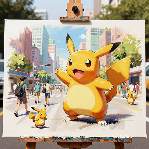 Digital artwork of Pikachu joyfully standing in a busy city street, surrounded by people and another Pikachu, with bright colors and sunlight.
